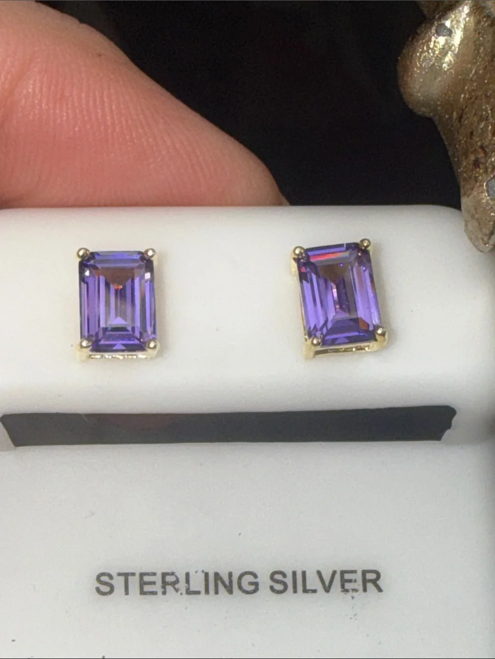 14k Gold over 925 Sterling Silver Purple Gemstone Emerald-Cut Stud Earrings NEW